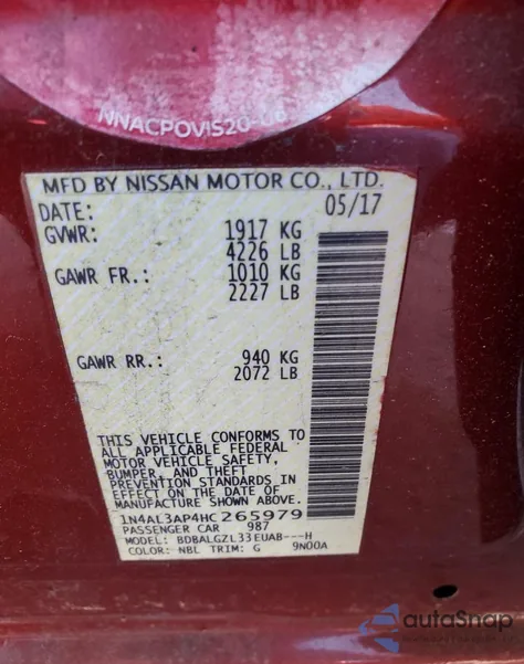 2017 Nissan Altima 2.5 S z USA, uszkodzony, nr VIN 1N4AL3AP4HC265979